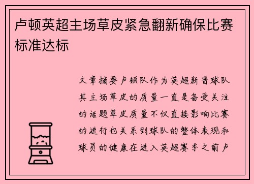 卢顿英超主场草皮紧急翻新确保比赛标准达标