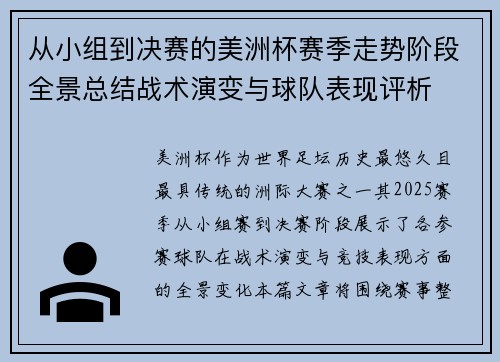 从小组到决赛的美洲杯赛季走势阶段全景总结战术演变与球队表现评析
