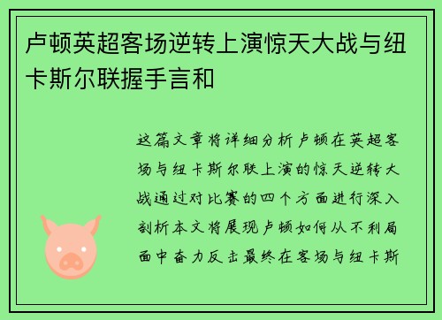 卢顿英超客场逆转上演惊天大战与纽卡斯尔联握手言和