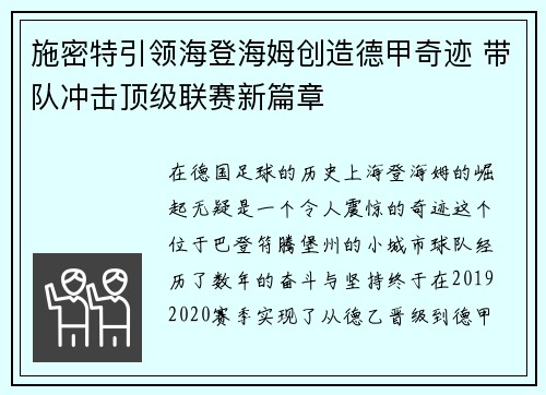 施密特引领海登海姆创造德甲奇迹 带队冲击顶级联赛新篇章