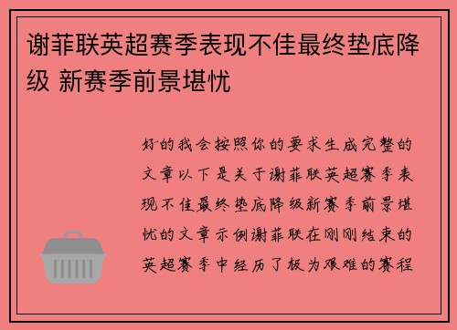谢菲联英超赛季表现不佳最终垫底降级 新赛季前景堪忧